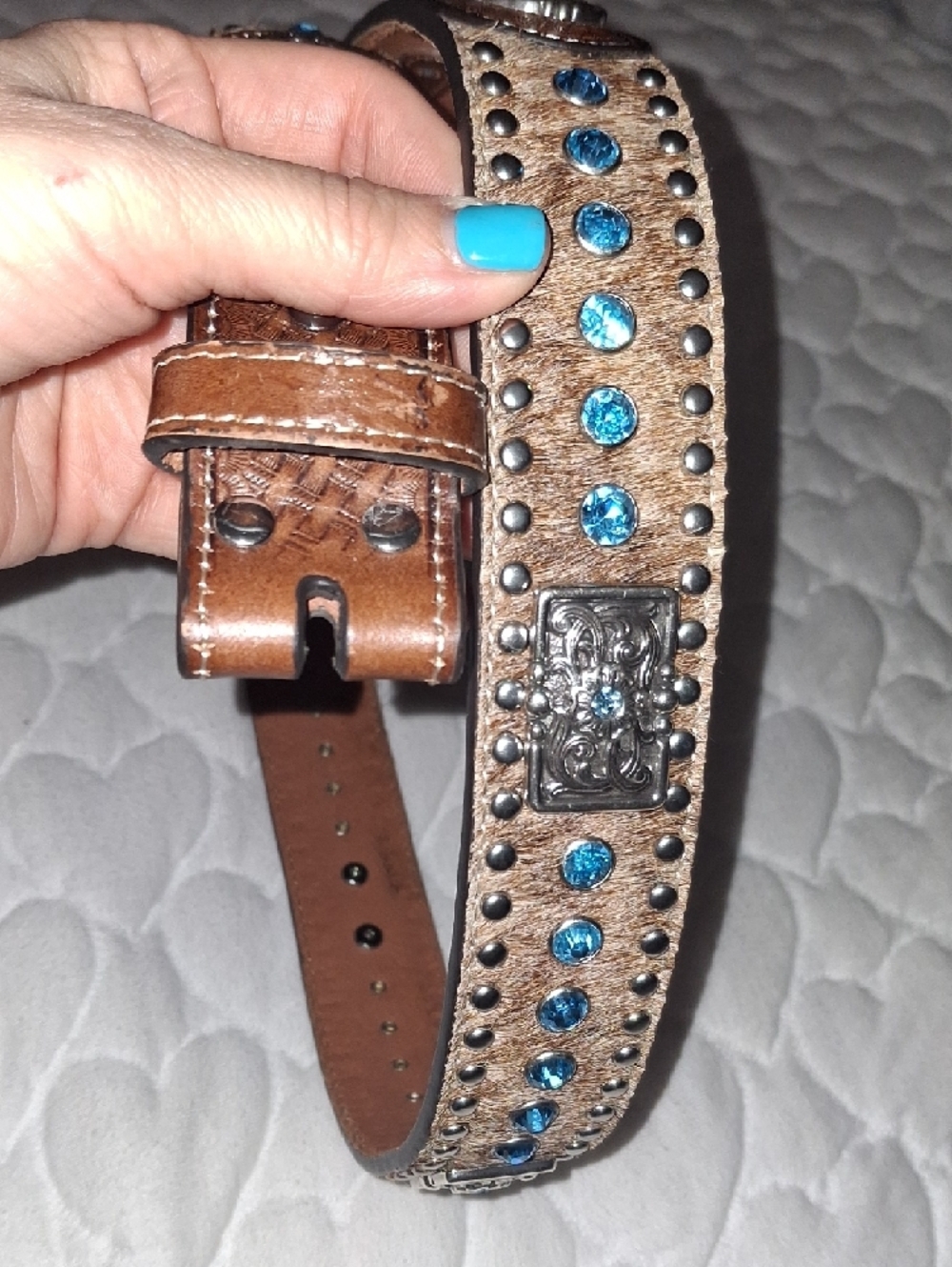 Brown Leather Belt with Turquoise Crystal Accents - Picture 2 of 7